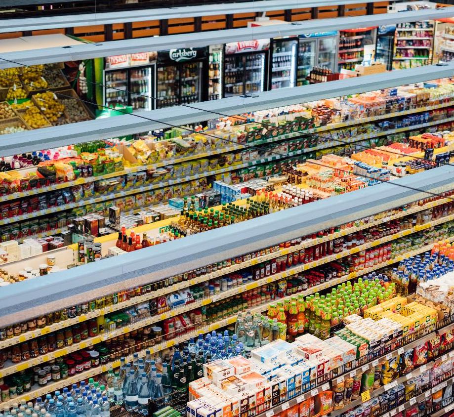Supermarket shelves, packaged goods